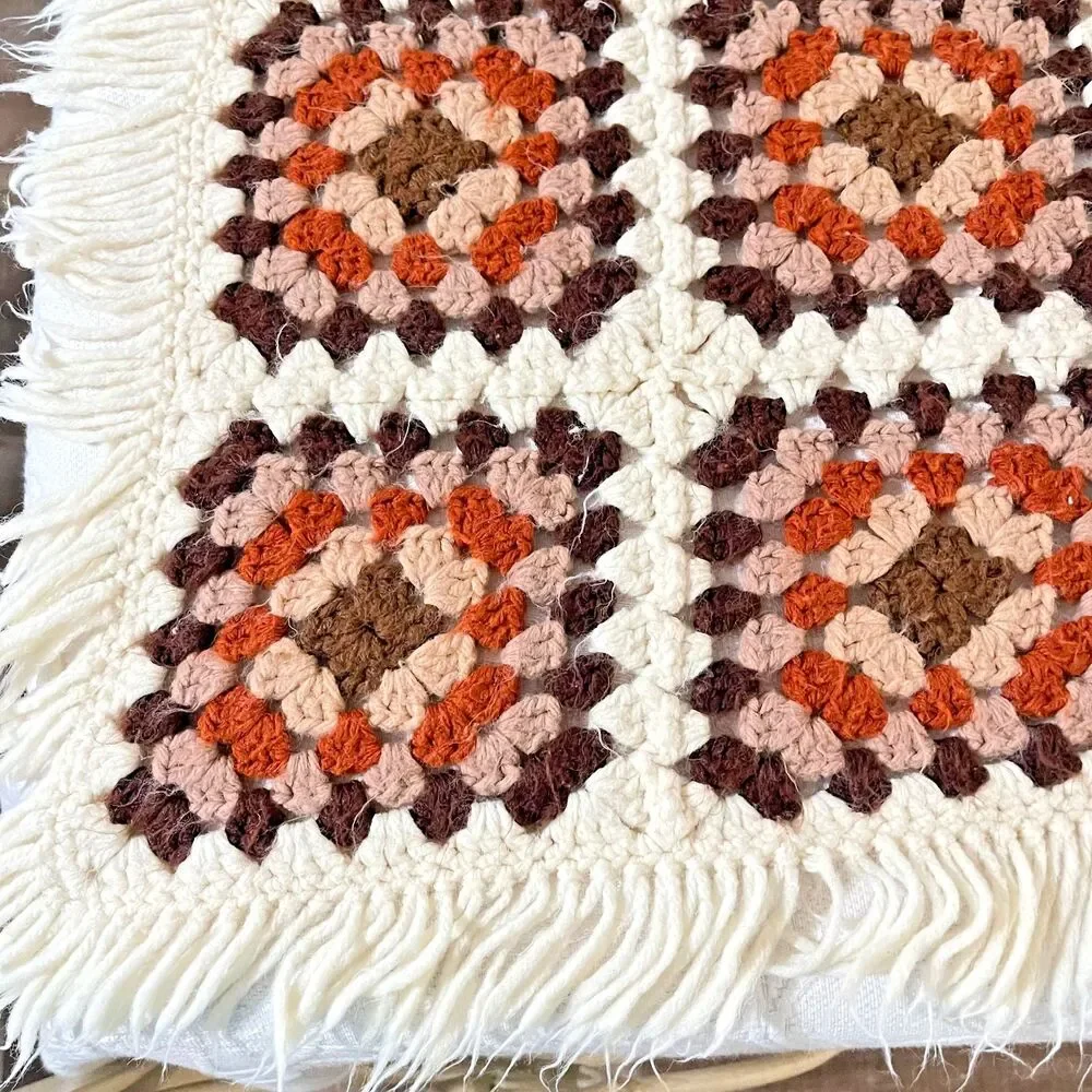 VTG Handmade Afghan Granny Square Crochet Retro Earth Tones-Boho Style w/ Fringe